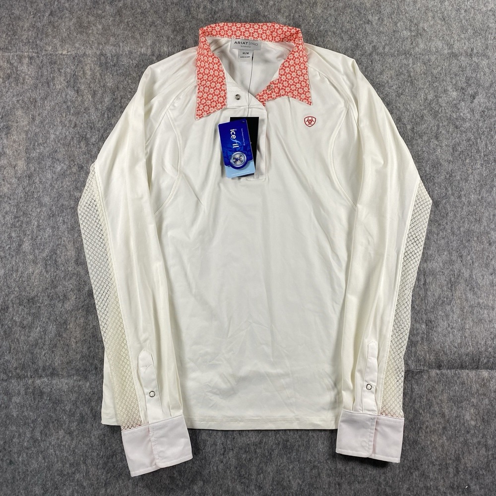 Ariat Pro Marquis Show Top Medium Ice Fil Magnet Collar‎ Horse White Long Sleeve
